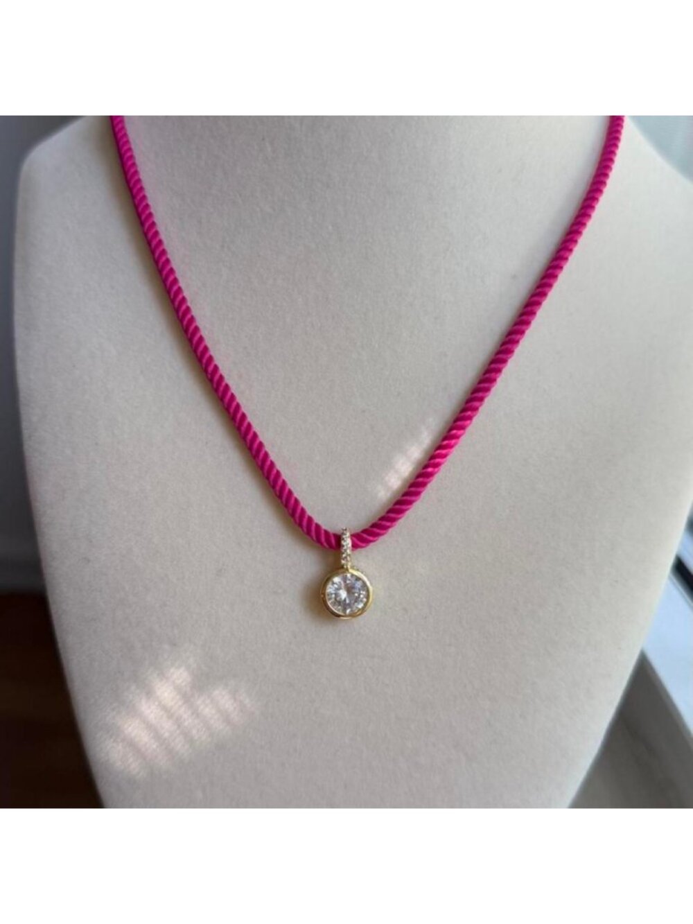 Pink Rope Necklace with CZ Pendant